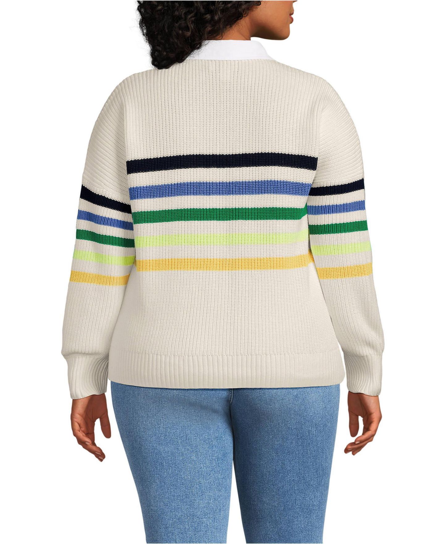 Женские рубашки Lands' End Plus Size Drifter Rugby with Woven Collar Sweater, цвет: Слоновая кость / Разноцветный полосатый — фото 2