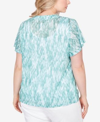 Plus Size Printed Knit Burnout Short Sleeve V-Neck Top