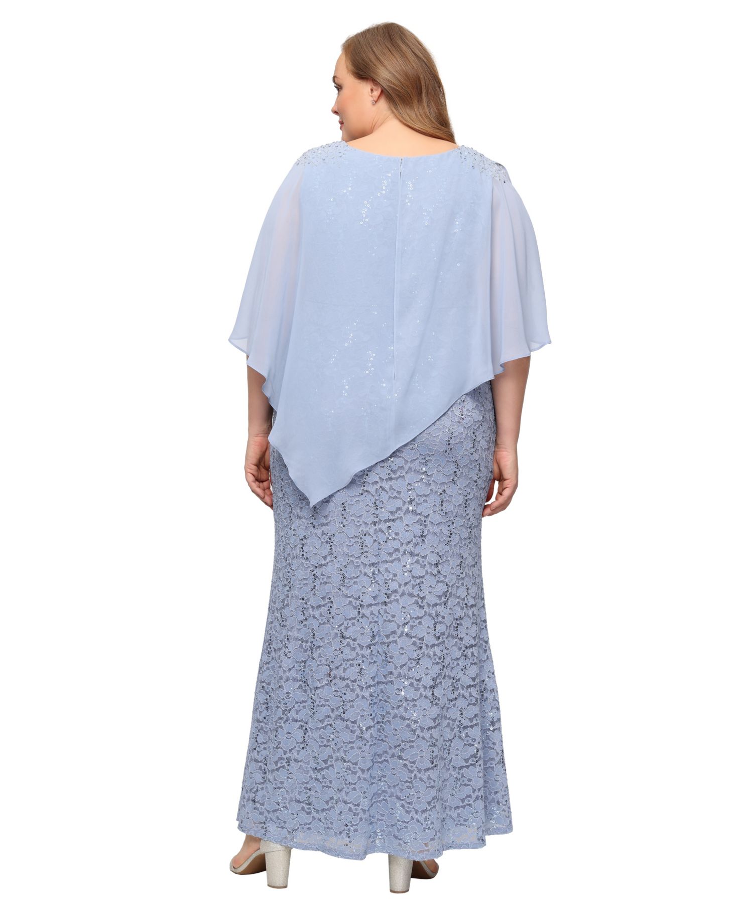 Plus Round-Neck Sequin Lace Cape Dress