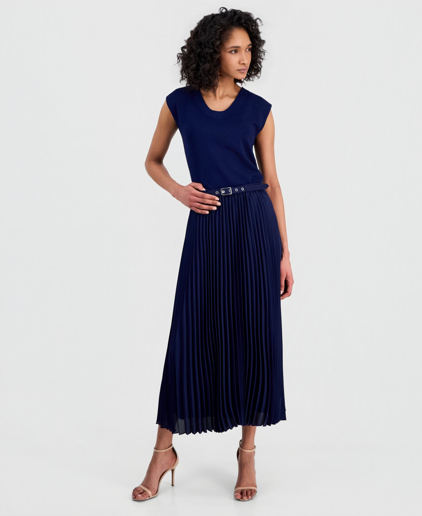 Женская юбка Anne Klein Belted Pull-On Pleated Midi, цвет: Distant Mountain — фото 1