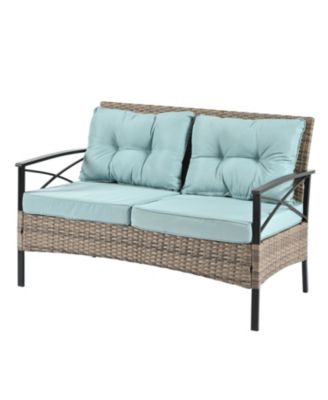 4 Piece PE Wicker Patio Furniture Set 2 Single Chairs 2 Seater Sofa with Black Metal Table Water UV Resistant Cushions