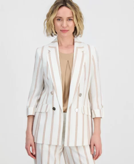 Petite Striped 3/4-Sleeve Double-Breasted Blazer - Vanilla Ice/Sesame