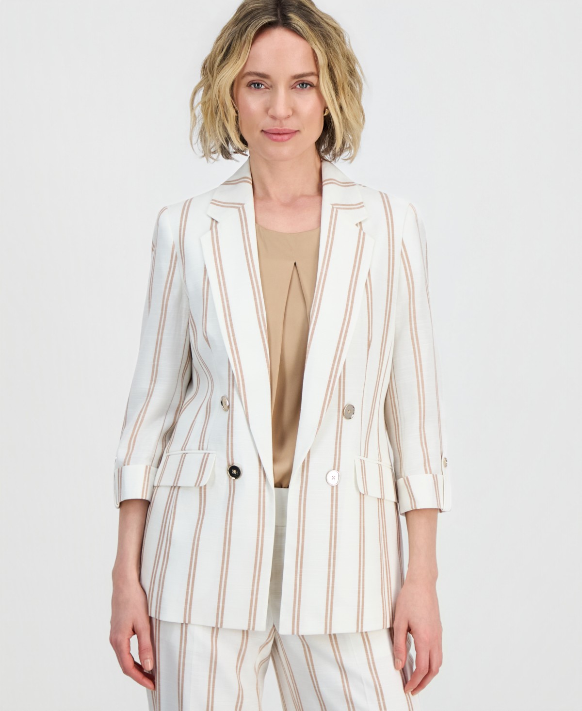 Женские Kasper Women's Striped Linen Blend 3/4-Sleeve Double-Breasted Blazer, Regular & Petite — фото 1