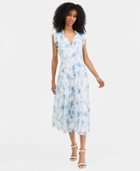 Petite Flutter-Sleeve Printed Midi Dress - Crisp White Multi