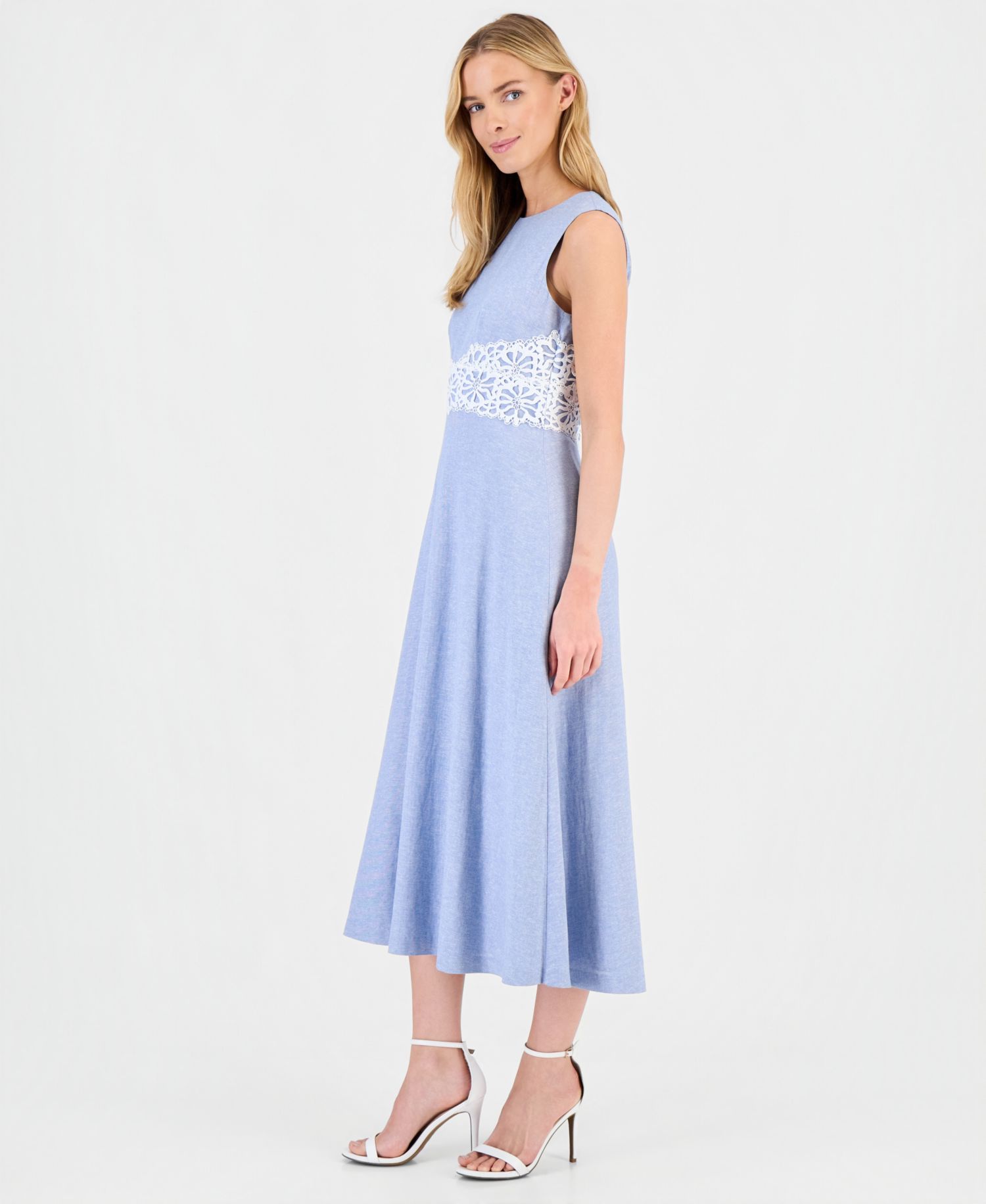 Women's Linen-Blend Lace-Trim A-Line Midi Dress