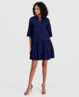 Women's Eyelet Embroidered Cotton Flare-Sleeve Shirtdress