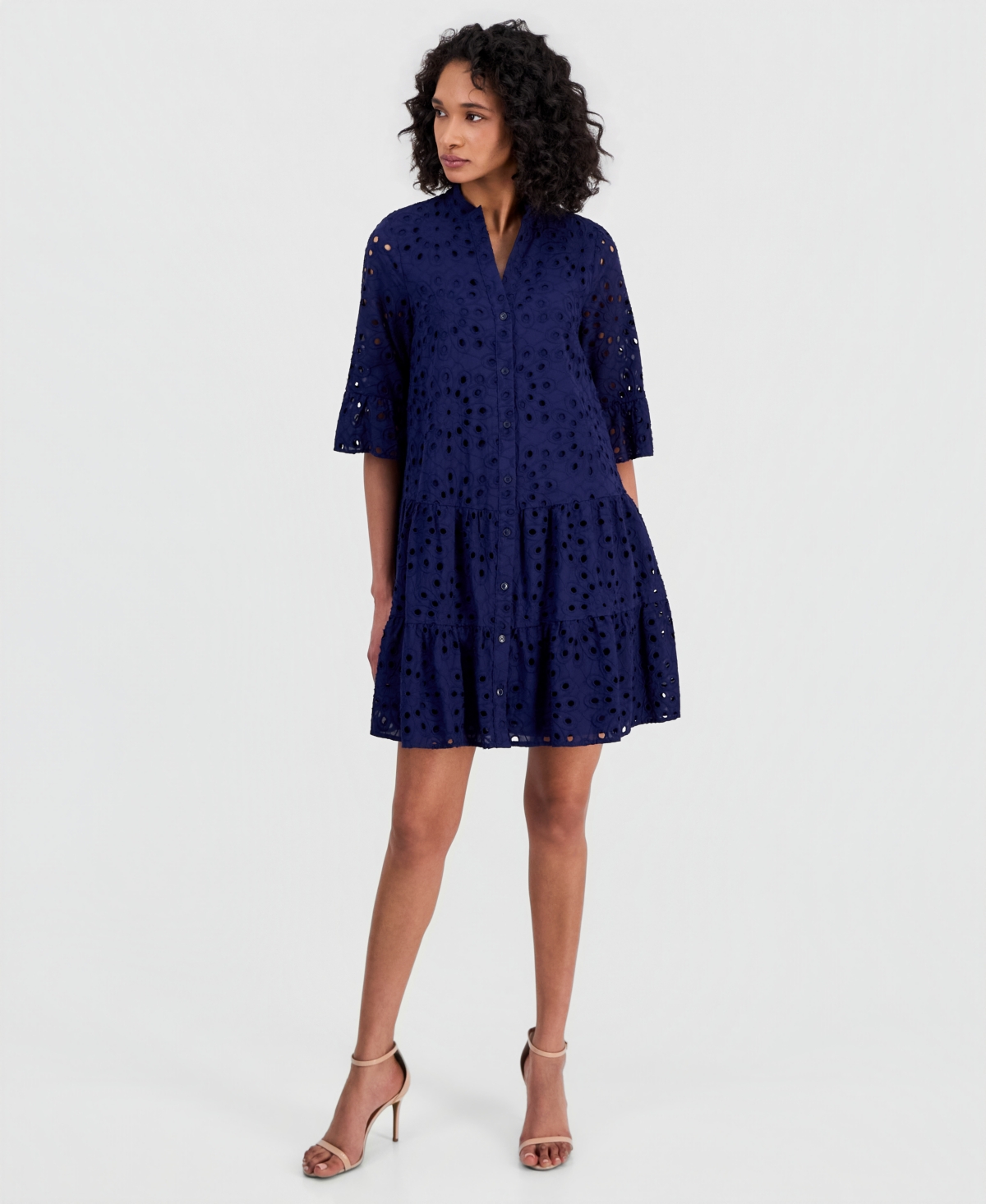 Anne Klein Women's Eyelet Embroidered Cotton Flare-Sleeve Shirtdress