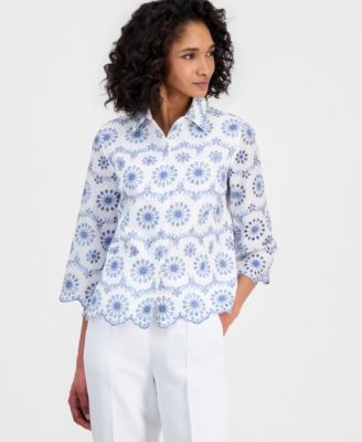 Women's Scalloped 3/4-Sleeve Eyelet Blouse