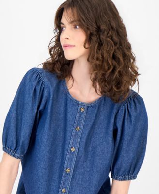 Women's Cotton Gathered Button-Front Denim Blouse
