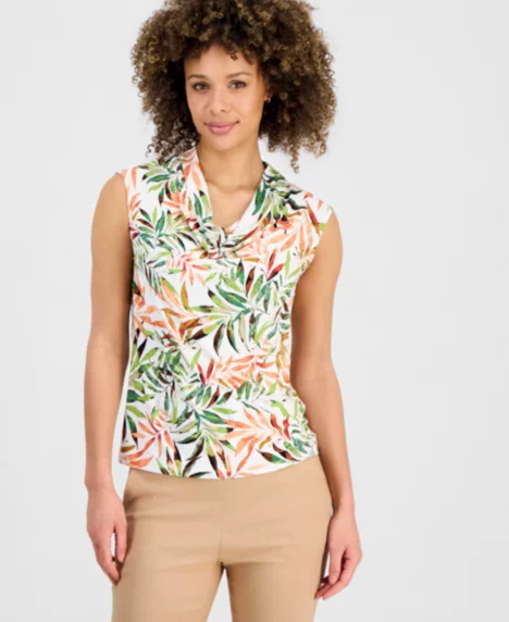 Petite Printed Sleeveless Cowl-Neck Top - Vanilla Ice Multi