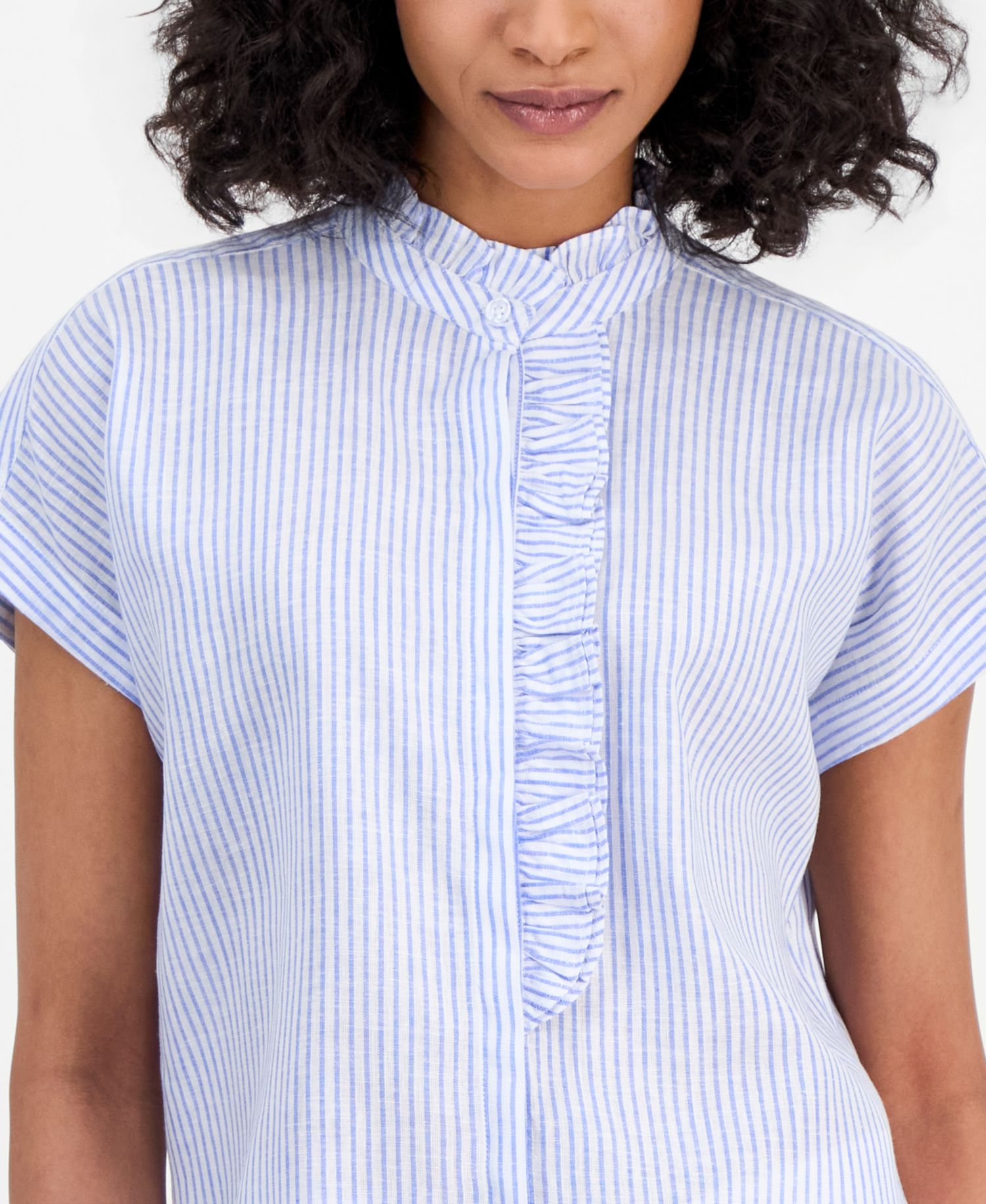 Petite Striped Ruffled-Neck Button-Front Blouse
