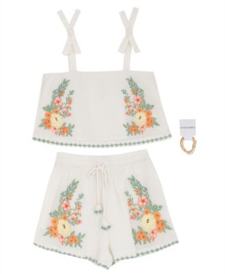 Girls' 7-16 Floral Embroidered Top and Shorts, 2-Piece Set