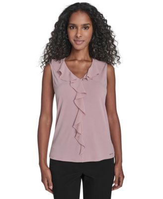 Women's Mixed Media Sleeveless Ruffle-Front Top