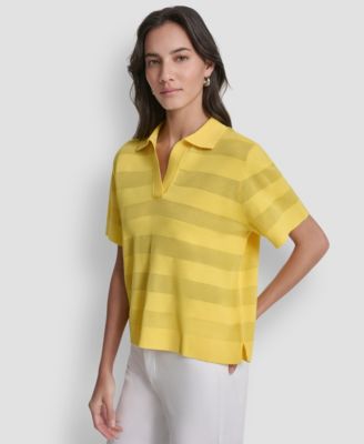 Women's Sheer Striped Collared Short-Sleeve Polo Shirt
