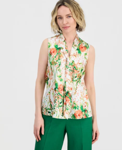 Petite Floral-Print Sleeveless Tie-Neck Top - Vanilla Ice Multi