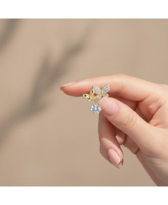 Round CZ Double Butterfly Stud Earrings in 14K Gold Plated
