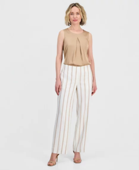 Petite Striped Clean-Waist Pants - Vanilla Ice/Sesame