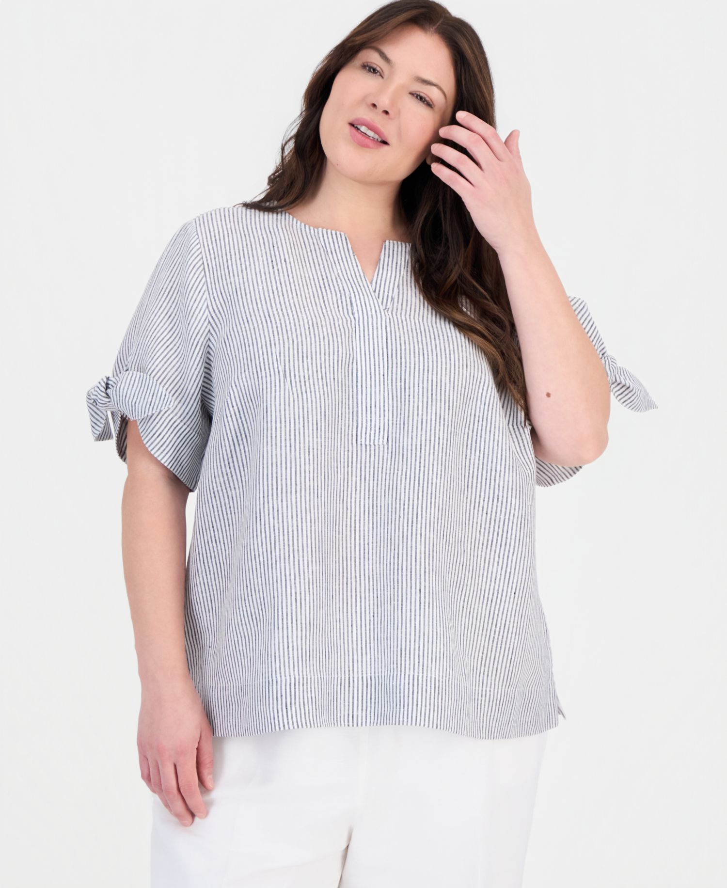 Plus Size 100% Linen Split-Neck Tie-Cuff Top