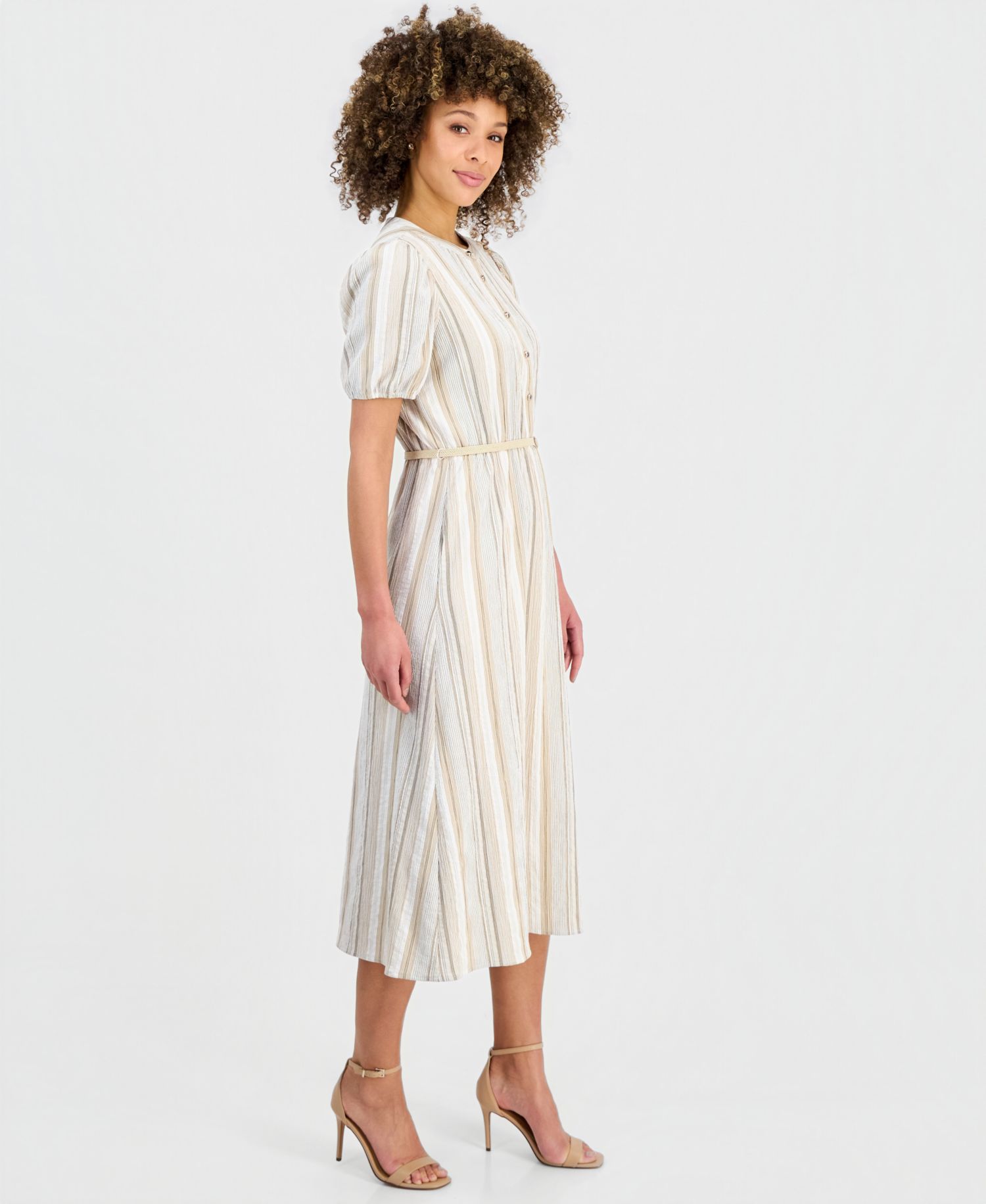 Petite Striped Puff-Sleeve Midi Shirtdress
