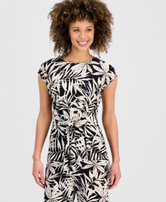 Women's Printed Cap-Sleeve Tie-Waist Top