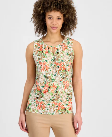 Petite Printed Pleated Sleeveless Keyhole Top - Vanilla Ice Multi