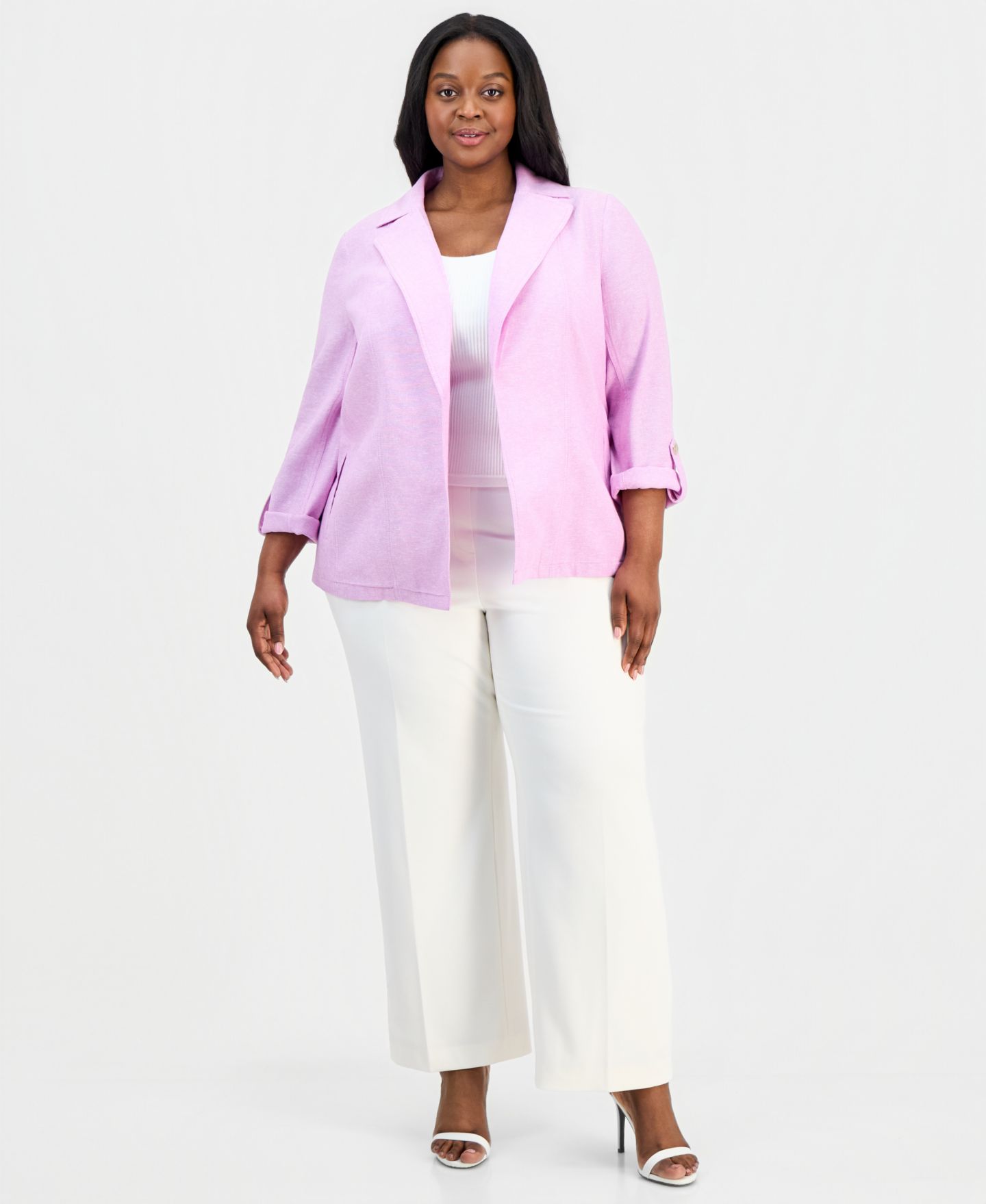 Женский пиджак Kasper Plus Size Linen Open-Front Seamed Roll-Tab-Sleeve Blazer, цвет: Розовый / Белый — фото 2