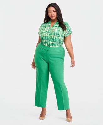 Plus Size Fly-Front Crepe High-Rise Straight-Leg Crepe Pants 