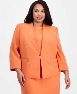 Plus Size Collarless Open-Front Zip-Pocket Jacket 