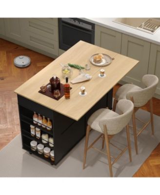 Rolling Kitchen Island with Drop Leaf Countertop, Charging Station & Ample Storage- 47.2 in Mobile Kitchen Cart On Wheels with Pull-Out Shelves