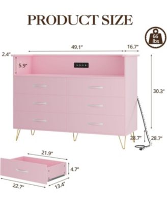 6 Drawer Dressers for Bedroom,Dresser with LED Lights Power Outlet,6-Drawer Wooden Chest with 2-Tier Open Shelf