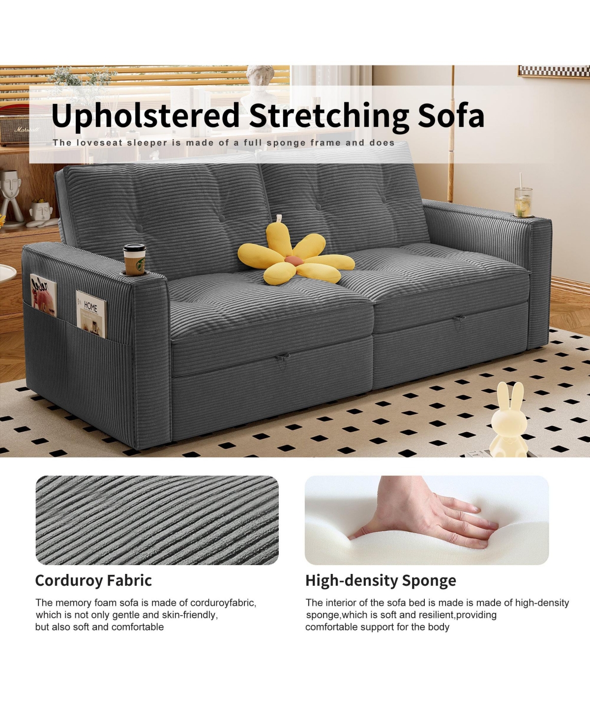 Boyel Living Multi-Functional Convertible Sofa Bed 2-in-1 Pull Out Bed, Modern Corduroy Fabric Couches with Cup Holders