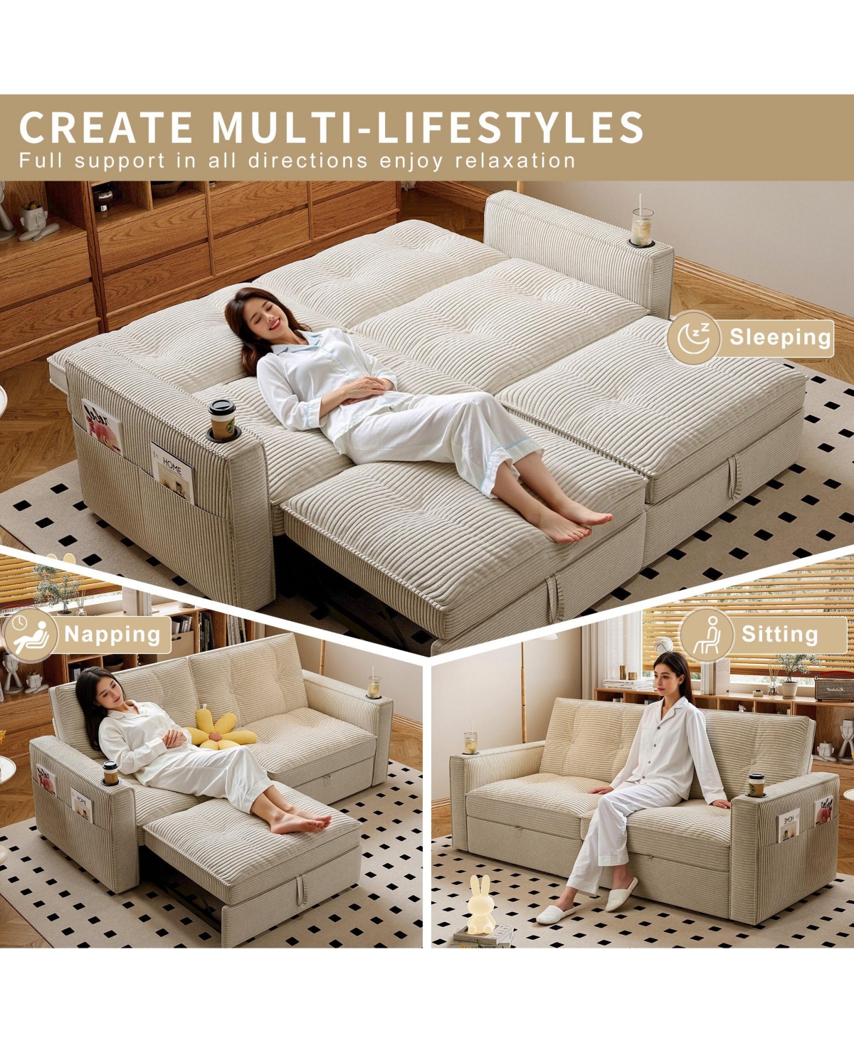 Boyel Living Multi-Functional Convertible Sofa Bed 2-in-1 Pull Out Bed, Modern Corduroy Fabric Couches with Cup Holders