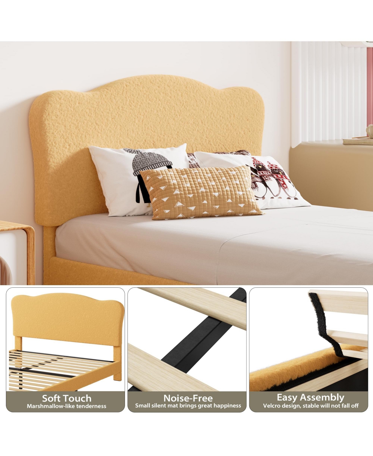 gaomon Full Bed Frame for Kids with Scallop Headboard, Velvet Upholstered, Sturdy Platform