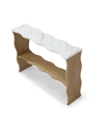 47.24" Whisper of Waves Modern Console Table w/ Marble-Pattern Top, Solid Wood Veneered Table w/ Open Storage Shelf, Entryway Table