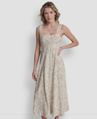 Women's Seamed Linen-Blend Tank Square Neck Dress