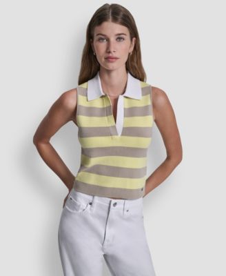 Women's Striped Sleeveless Polo Sweater