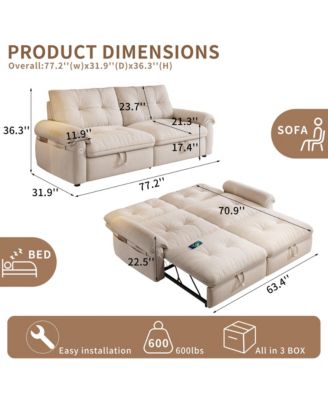 Multifunctional Sofa Bed, 77-inch Modern Velvet Fabric Convertible Sofa Couches, 2-in-1 Pull Out Sofa Bed with USB Charger, Beige