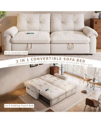 Multifunctional Sofa Bed, 77-inch Modern Velvet Fabric Convertible Sofa Couches, 2-in-1 Pull Out Sofa Bed with USB Charger, Beige