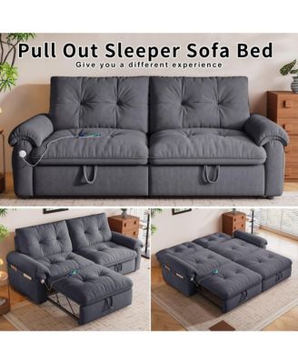 Multifunctional Sofa Bed, 77-inch Modern Velvet Fabric Convertible Sofa Couches, 2-in-1 Pull Out Sofa Bed with USB Charger, Beige