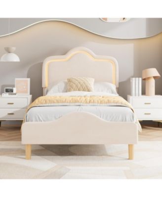 Twin XL Velvet Bed Frame with LED Headboard & Footboard, Princess Platform for Kids