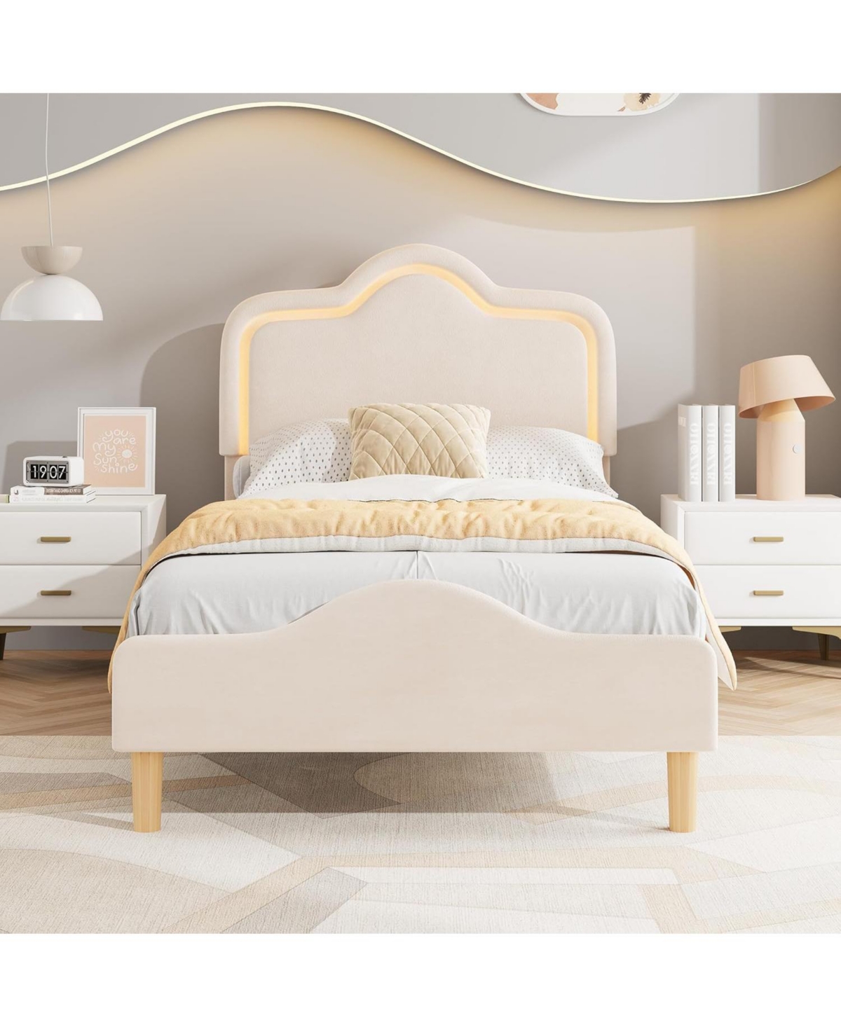 gaomon Twin Xl Velvet Bed Frame with Led Headboard & Footboard, Princess Platform for Kids