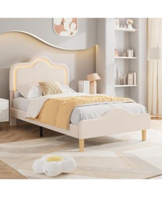 Twin XL Velvet Bed Frame with LED Headboard & Footboard, Princess Platform for Kids