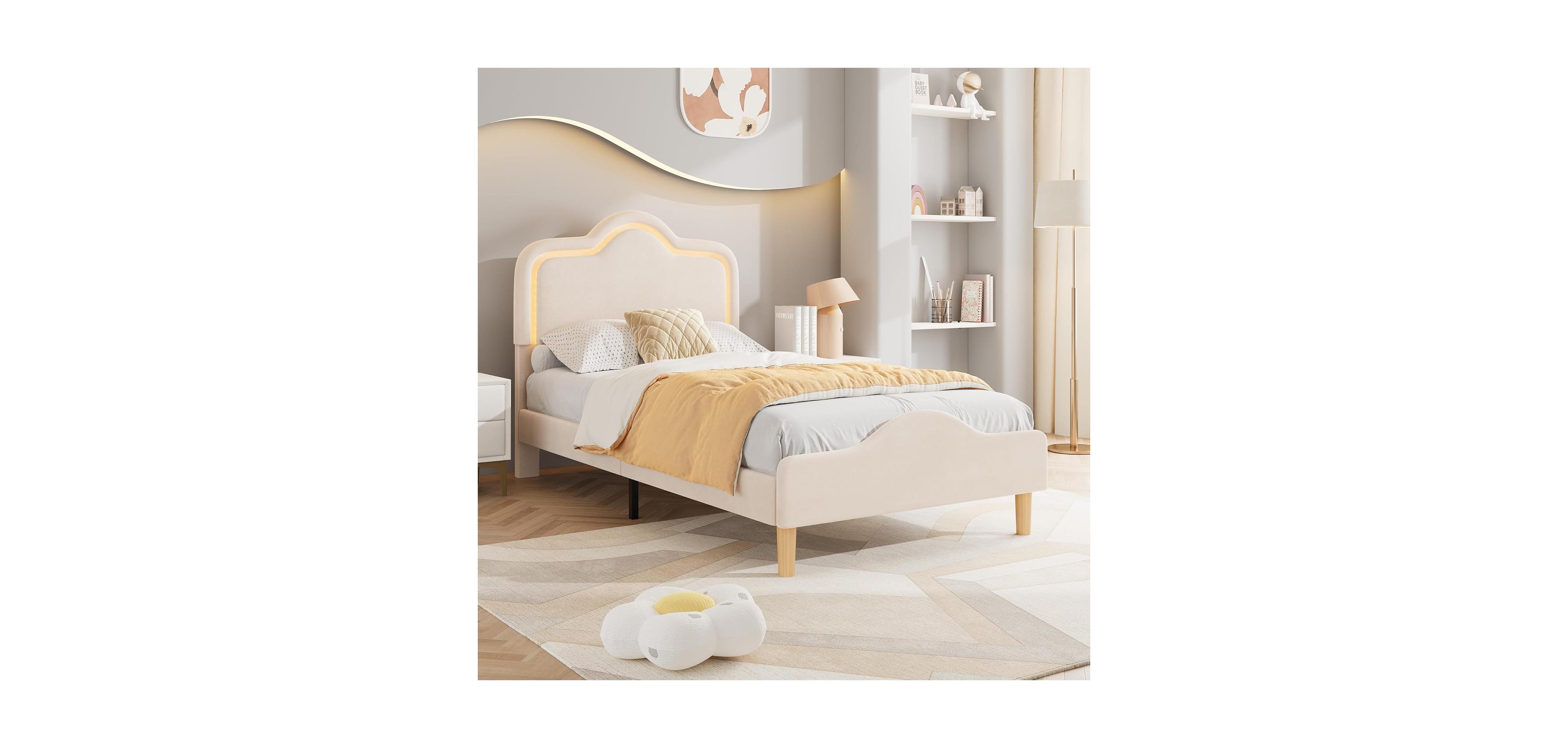 gaomon Twin Xl Velvet Bed Frame with Led Headboard & Footboard, Princess Platform for Kids
