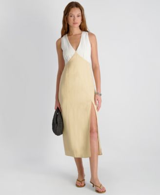 Women's Cooper Linen Contrast V-Neck Midi Dress