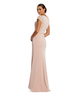 Women's Beaded Cap Sleeve Column Evening Gown