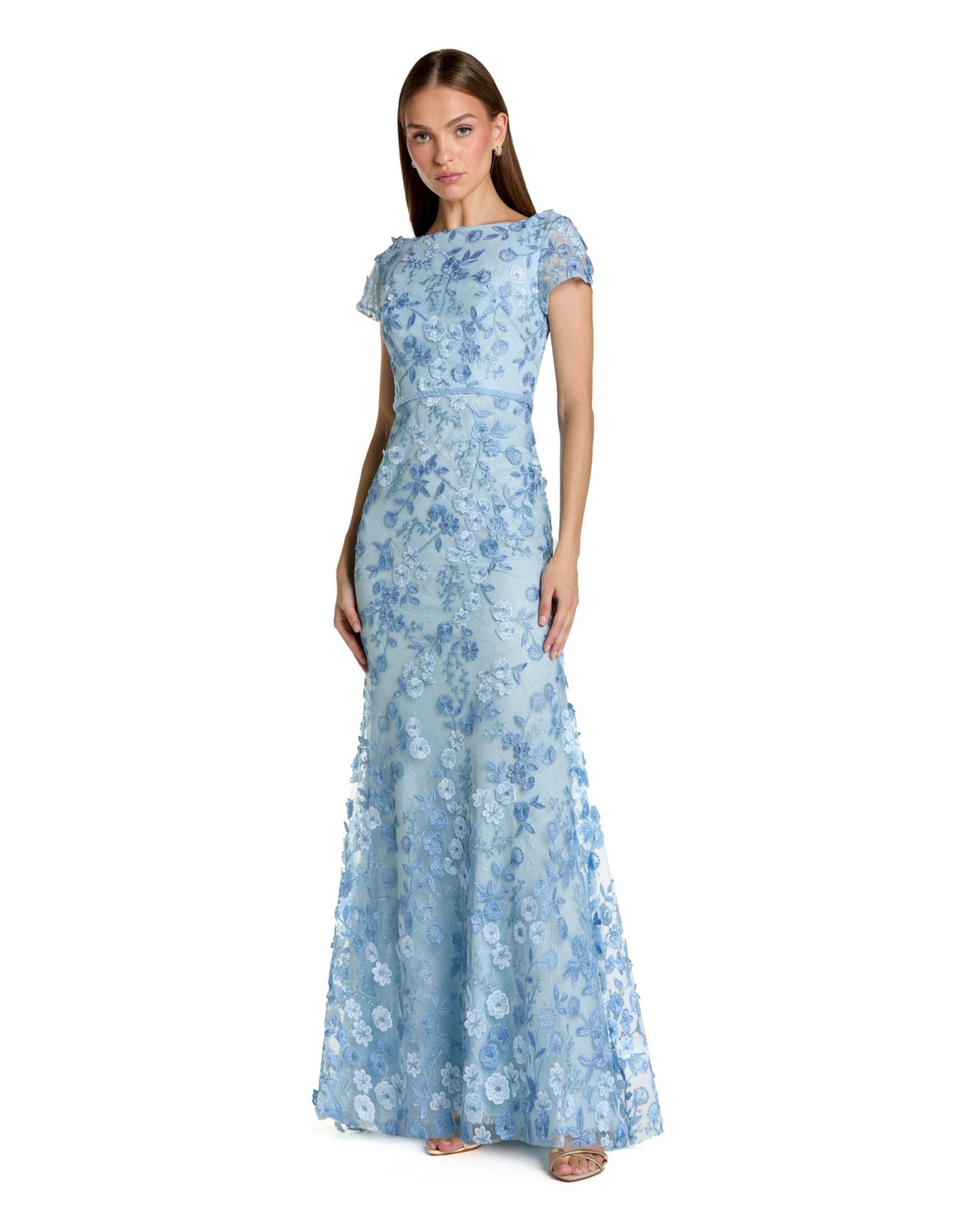 Petite Floral Applique Boat Neck Cap Sleeve Gown