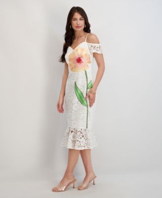 Women's Embroidered Lace Sweetheart Neck Midi Dress