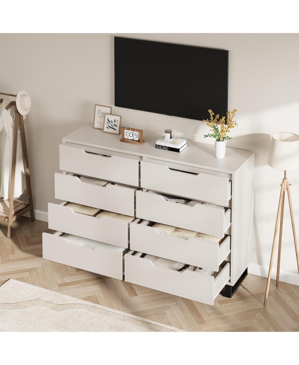 gaomon Farmhouse Tv Stand with 8 Drawers, 55" Wide Entertainment Center for TVs up to 75 Inch with Metal Legs