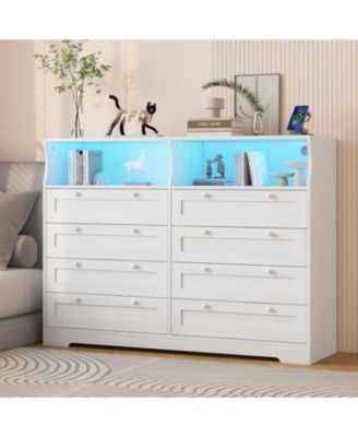 8-Drawer Wooden Dresser with LED Lights & Power Outlet, Modern Wide Chest for Bedroom, Living Room & Hallway