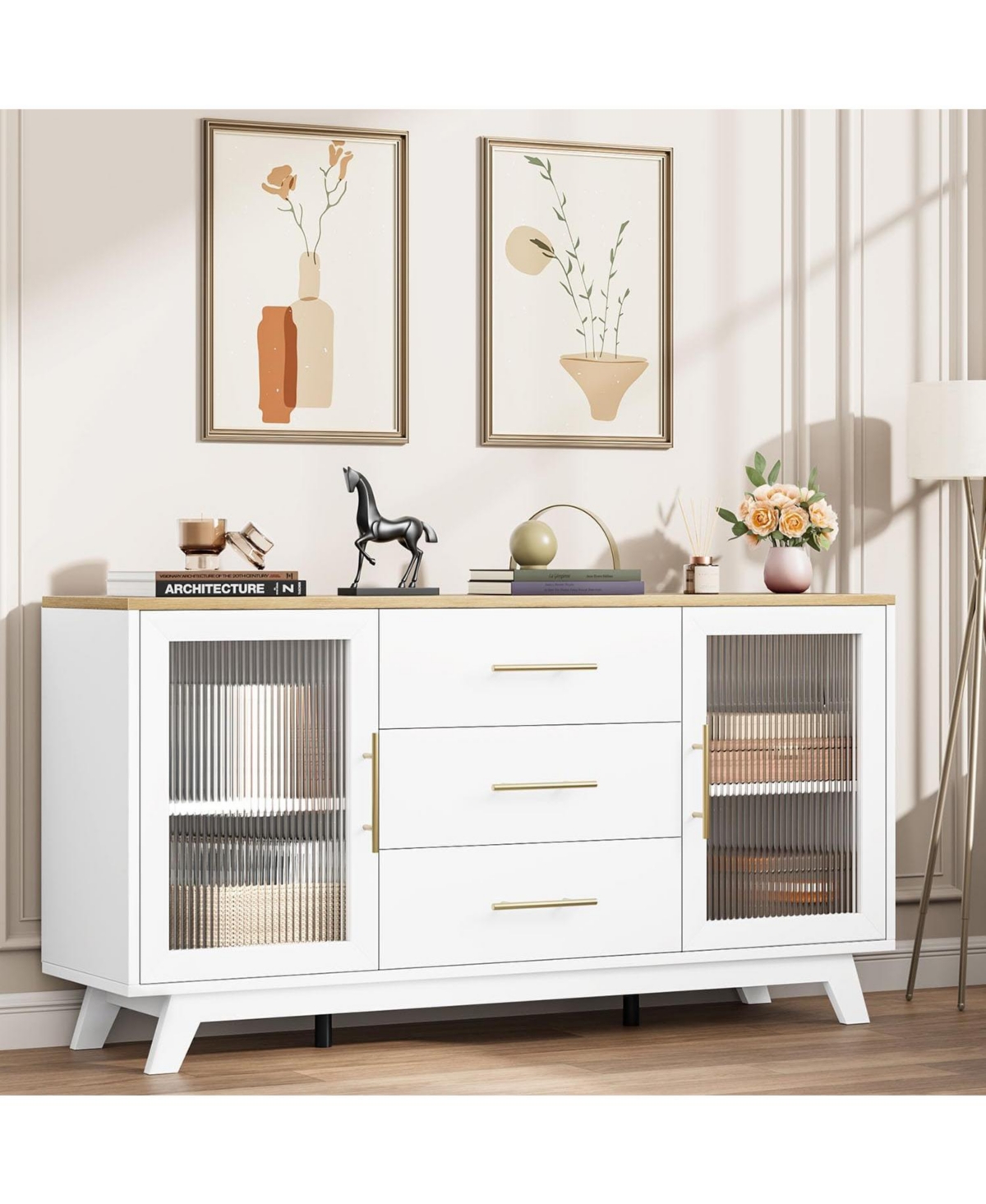 Gaomon 56" Large Sideboard Buffet with Drawer, Storage Cabinet Adjustable Shelves and Fluted Glass Door, Modern Coffee Bar